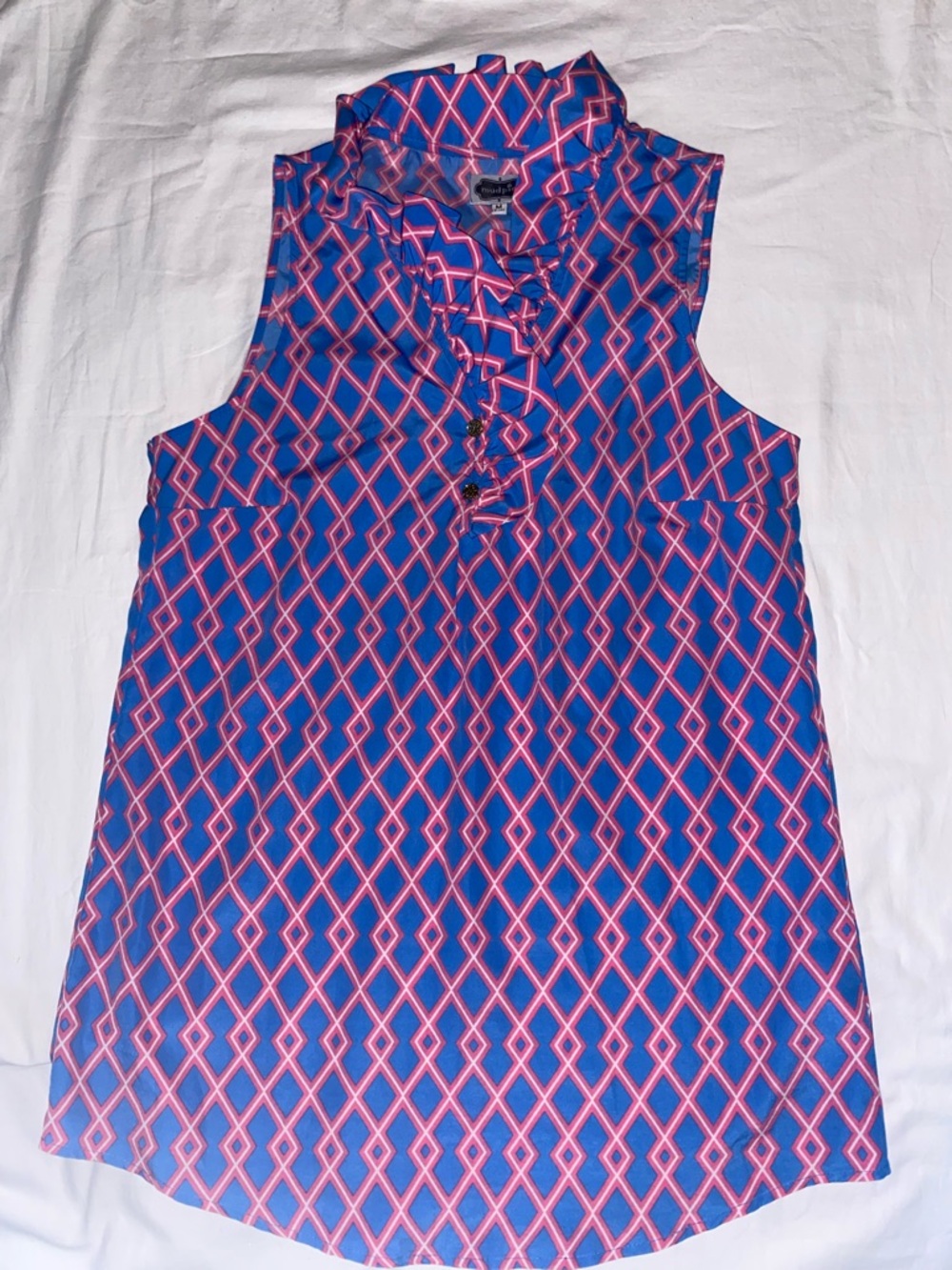 Mud Pie Blue and Pink Geometric Ruffle Sleeveless Blouse